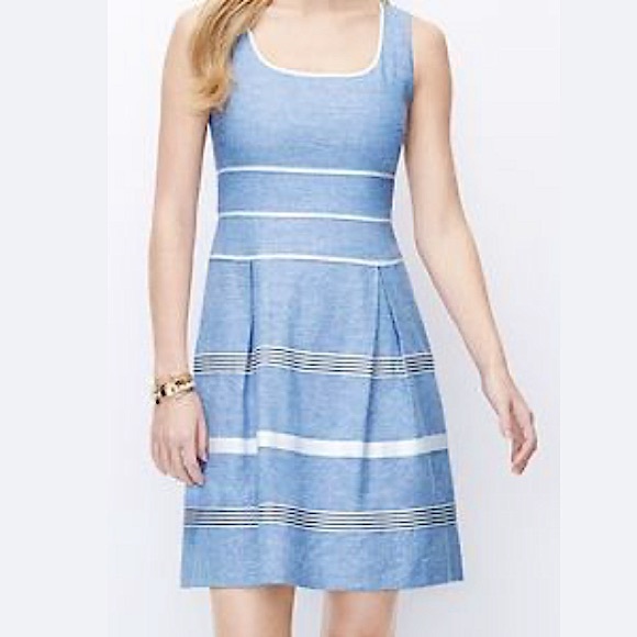 Ann Taylor Blue White Striped Textured Linen Blend Sleeveless Lined MIDI Dress 4 - Picture 15 of 15